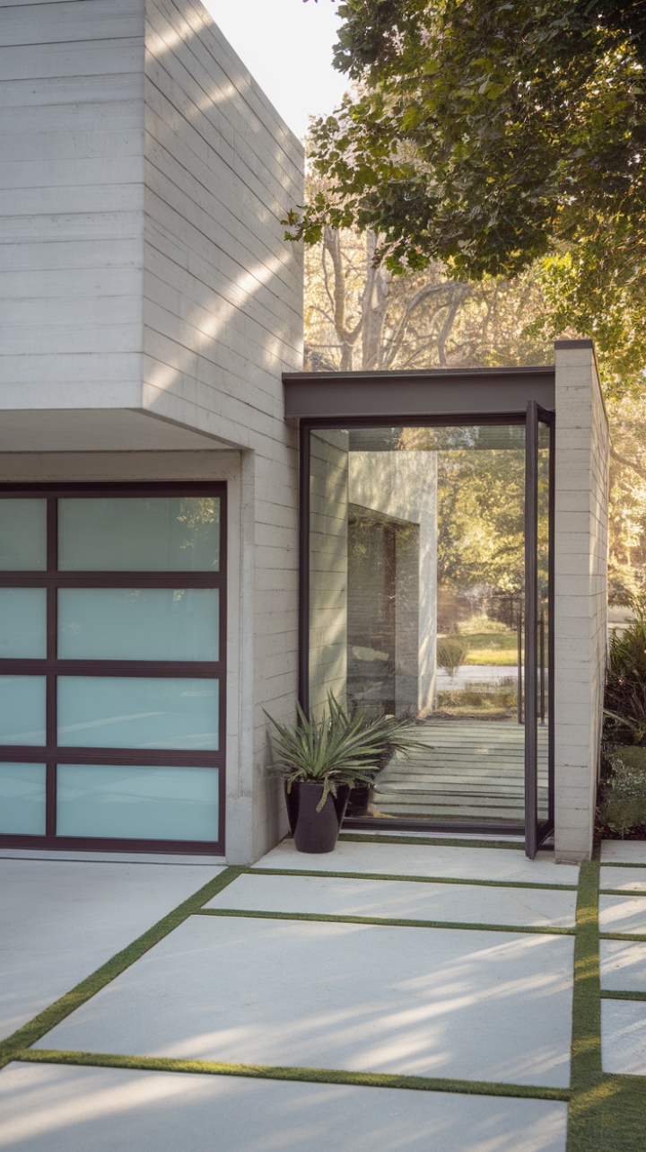 A symphony of grey concrete and glass: This contemporary masterpiece showcases a sleek, innovative design. The expansive glass garage door and sliding entryway seamlessly blend indoor and outdoor spaces, creating an oasis of calm amidst a lush, inviting landscape.