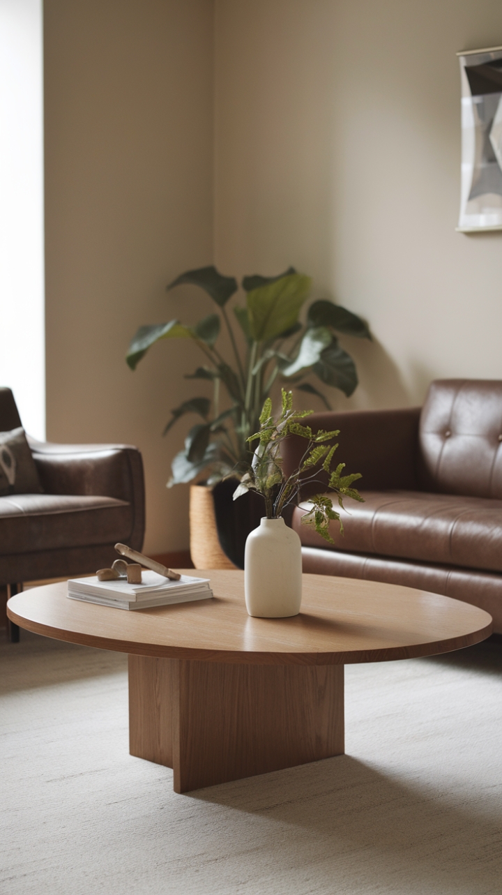 Clean lines and natural textures define this contemporary haven. A show-stopping wood coffee table commands attention, its simple design a testament to modern luxury, perfectly balanced by the room's muted palette and thoughtful pops of life.