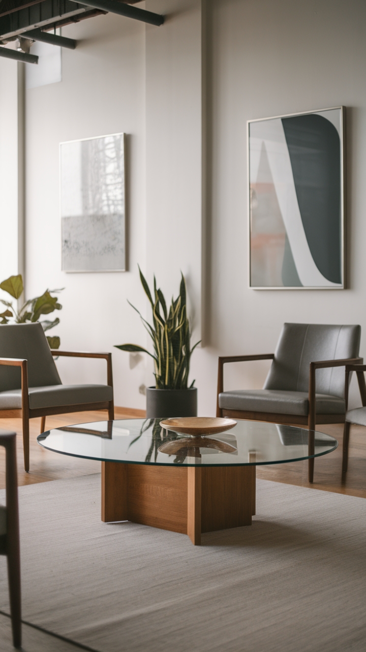 This modern living room exudes a serene sophistication, where minimalist design meets functional elegance. At the heart of the space, a striking coffee table with a sleek glass top and warm wooden base invites conversation, surrounded by thoughtfully arranged chairs that enhance the room's inviting atmosphere. The walls are adorned with curated art pieces that add a splash of personality, while strategically placed plants breathe life into the space, creating a harmonious balance with the rich wooden floor that grounds the entire aesthetic.
