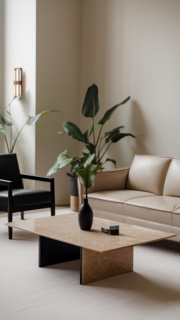 In this chic modern living room, a striking contemporary coffee table takes center stage, showcasing a stunning beige marble top that beautifully contrasts with its sleek black base. Flanked by a plush beige sofa and a stylish black chair, the space exudes a harmonious blend of urban sophistication and minimalist elegance. The crisp white walls serve as a perfect backdrop, allowing the carefully curated potted plants and a striking light fixture to add warmth and life to the room, creating an inviting atmosphere that is both stylish and serene.