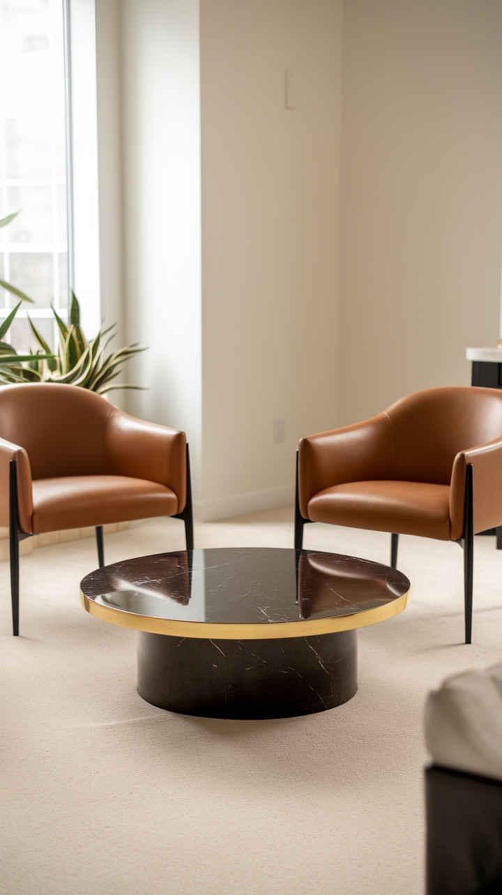 A stunning example of contemporary elegance, this living room showcases a minimalist aesthetic that invites relaxation and style. The centerpiece, a round coffee table of polished black marble with a striking gold edge, draws the eye, while the surrounding tan leather chairs with their sleek black frames offer both comfort and sophistication. The plush beige carpet grounds the space, and the bright white walls enhance the airy feel, with a lush plant by the window adding a touch of nature's beauty to this serene retreat.