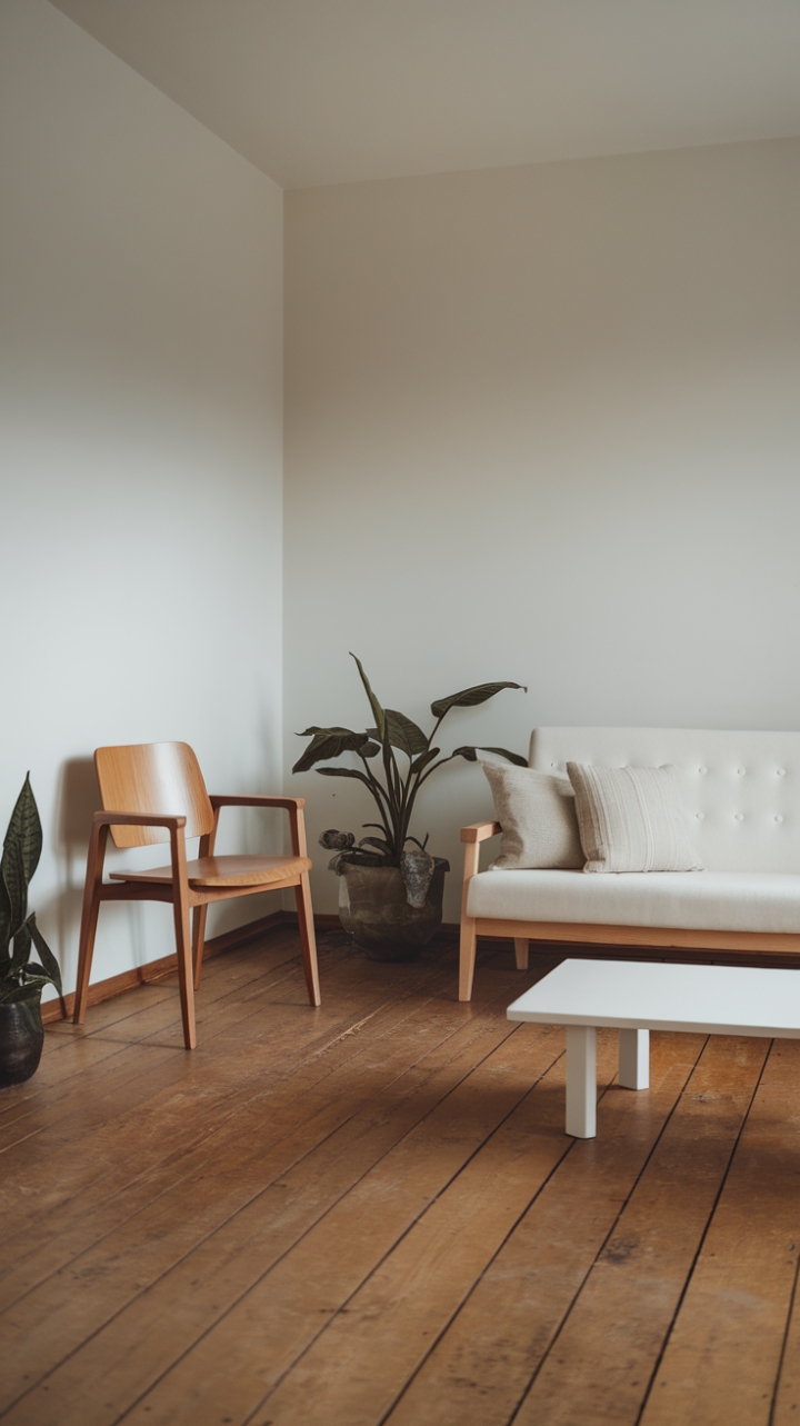 In this beautifully curated minimalist space, every element speaks to a refined taste for contemporary design. The white sofa, adorned with a few thoughtfully selected cushions, serves as a cozy focal point, while the matching coffee table enhances the room's airy feel. A wooden chair nestled against the wall introduces a natural texture, contrasting beautifully with the smooth white walls. The warm wooden floor adds depth, and the presence of potted plants infuses the room with a refreshing vibrancy, making it a perfect sanctuary for relaxation and inspiration.