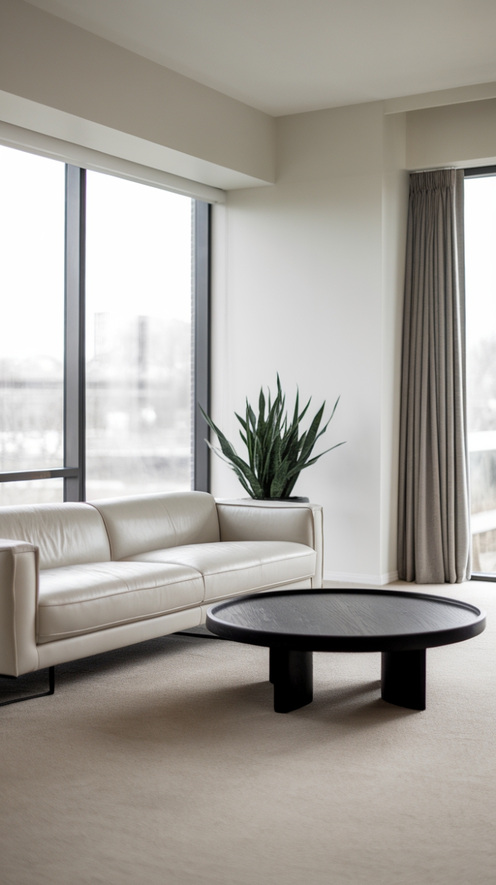 Embracing the beauty of simplicity, this contemporary living room features a chic white leather sofa with a low backrest, elegantly positioned in front of a generous window that floods the space with natural light. The striking black circular coffee table serves as a focal point, harmonizing beautifully with the soft beige carpet underfoot. A lush potted plant in the corner introduces a refreshing touch of greenery, while the crisp white walls enhance the room's modern aesthetic, creating a tranquil environment that reflects current design trends.