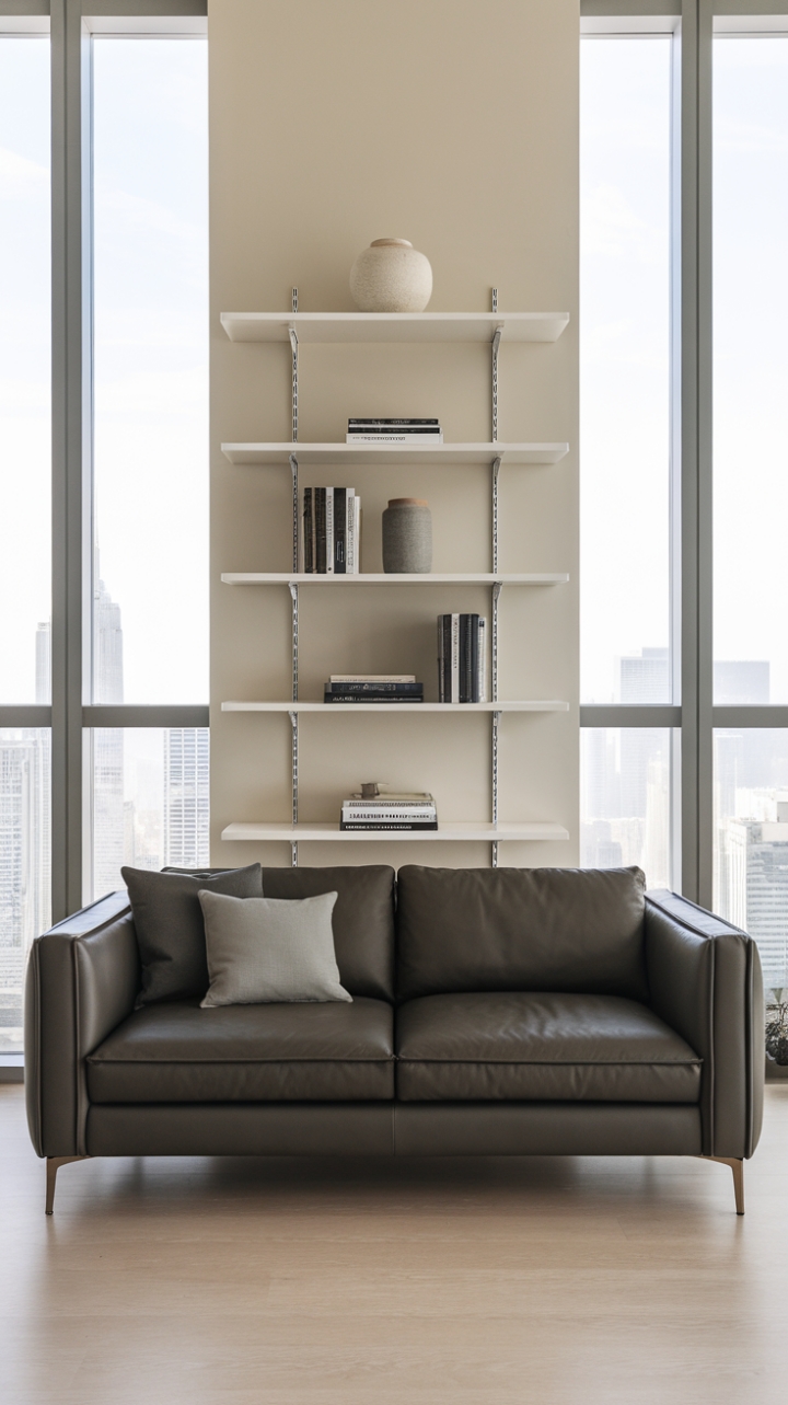 This contemporary living space exudes sophistication with its sleek dark grey sofa, perfectly complemented by a curated selection of throw pillows that add a touch of warmth. The tall white bookshelf stands as a striking backdrop, showcasing a blend of literature and decorative accents that reflect a modern aesthetic. Soft beige walls create a serene atmosphere, while the light wood flooring adds a natural element, grounding the design. Large windows frame a breathtaking city skyline, inviting natural light to dance across the room and enhancing the urban style that defines this chic interior.