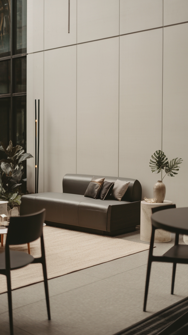 In this contemporary haven, minimalist decor speaks volumes through its simplicity and elegance. The dark grey sofa, accented with a few thoughtfully placed cushions, stands out against the pristine white wall, creating a striking focal point. A delicate plant and a ceramic vase grace the white side table, adding a hint of nature to the space. The beige rug underfoot softens the look, while the round dining table and two sleek chairs invite casual gatherings. A tall, slender lamp completes the scene, illuminating the room with a warm glow, all set within a modern framework of clean lines and a soothing neutral palette.