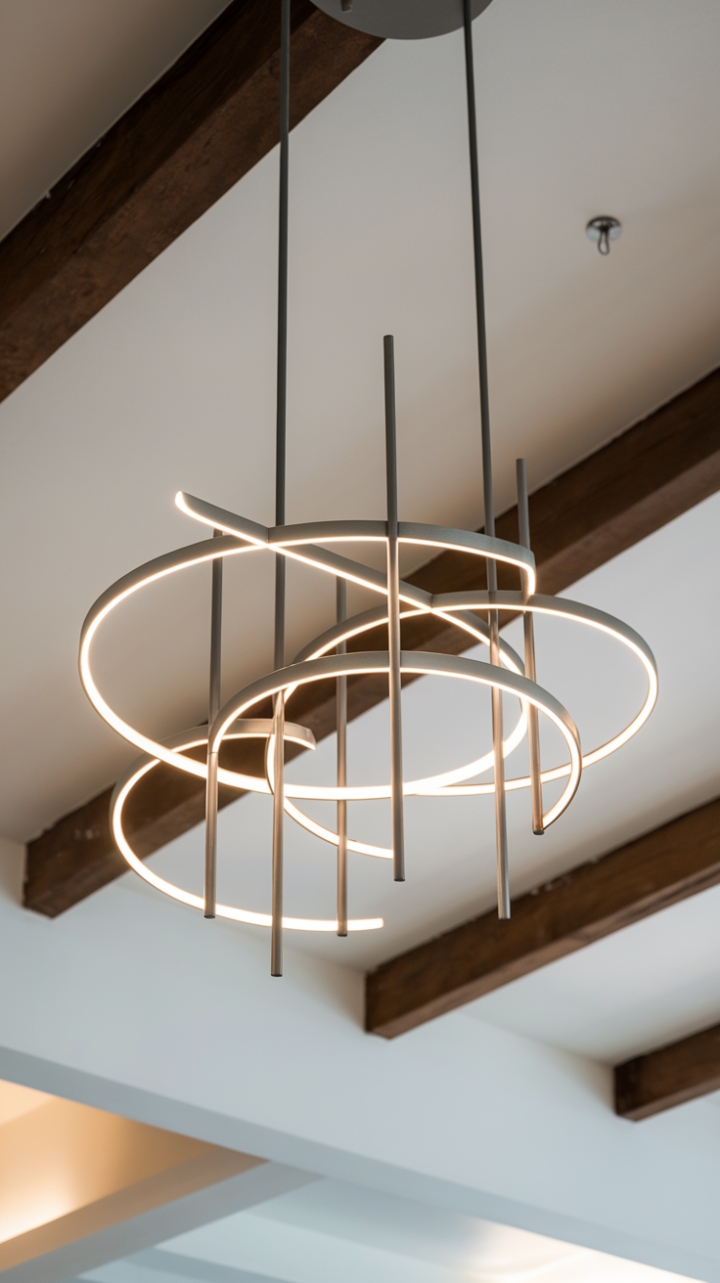 Sculptural grace meets minimalist chic in this contemporary chandelier. Its sleek metallic form, a constellation of interconnected circles, casts a captivating glow against the backdrop of exposed wooden beams, adding a touch of industrial-inspired elegance to any modern space.