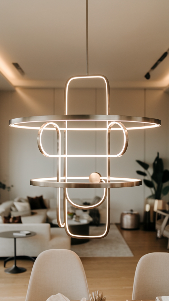 Bathed in a warm, inviting light, this modern chandelier showcases a captivating interplay of geometric shapes, combining circular and square designs across multiple levels. Suspended above a sleek dining table surrounded by pristine white chairs, it becomes the focal point of the room, illuminating the cozy living area that features a plush sofa, a chic side table, and a touch of greenery. The overall ambiance radiates sophistication and comfort, making it an ideal setting for gatherings or intimate dinners.