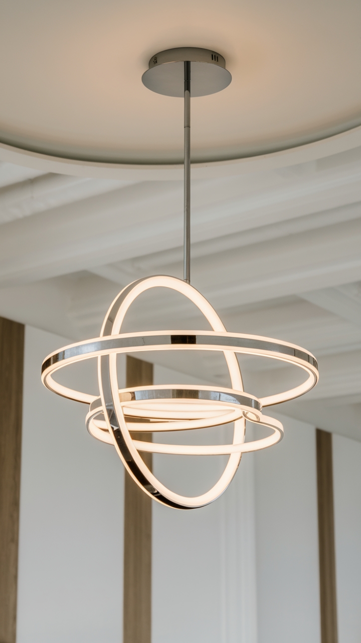 A minimalist masterpiece: This contemporary chandelier's sleek, white rings cascade gracefully, a testament to refined design. The perfect blend of form and function, it's a statement piece that adds a touch of sophisticated drama without overwhelming the room's aesthetic.