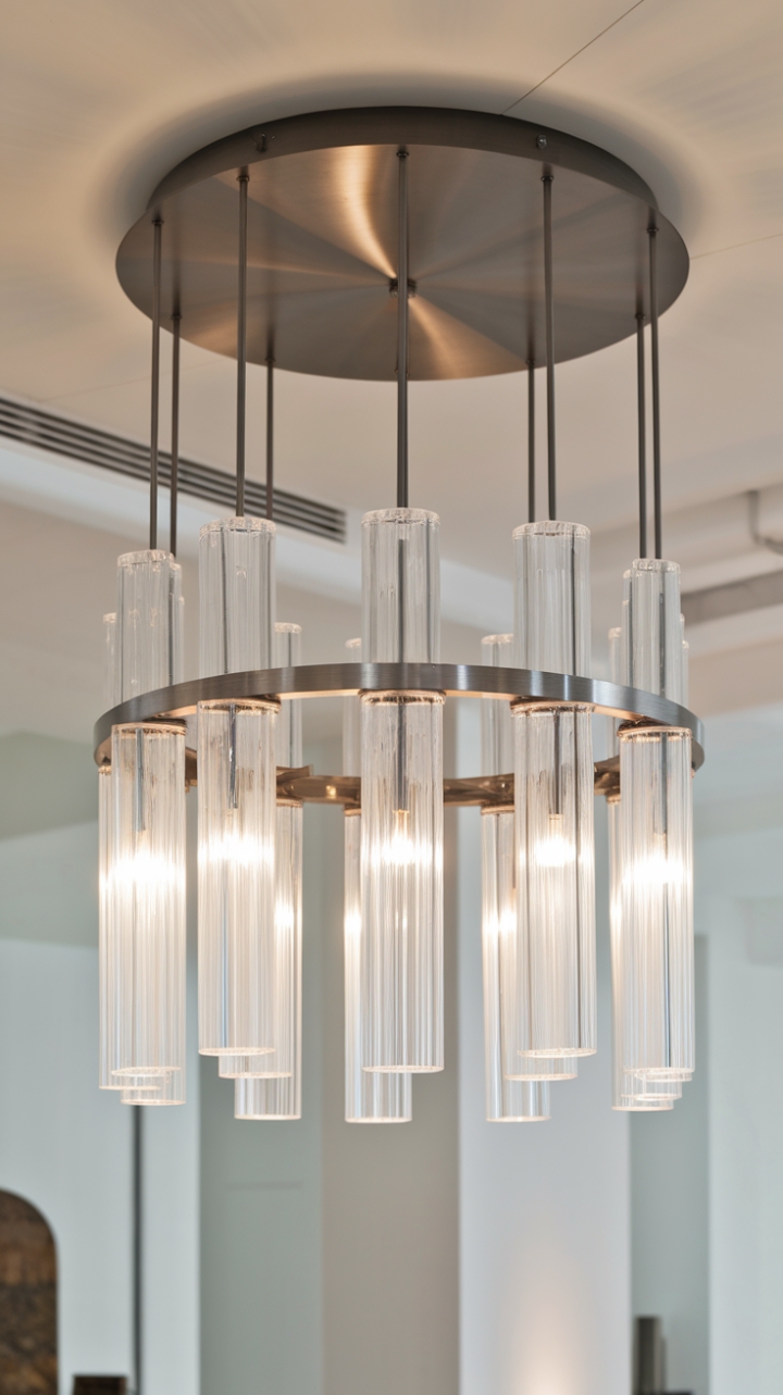 With its chic, minimalist silhouette, this contemporary chandelier serves as a captivating centerpiece, showcasing a perfect balance of form and function. The cylindrical glass shades, suspended from a refined dark metal base, emit a soft, ambient light that bathes the white room in a serene glow. This exquisite lighting fixture not only brightens the space but also adds a touch of modern artistry, seamlessly integrating into the decor while elevating the overall atmosphere.