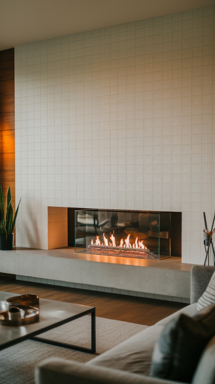 Indulge in the warmth of minimalist modern design. This living room's sleek glass fireplace, grounded by a concrete hearth, casts a captivating glow against the crisp white tile backdrop. The perfect blend of form and function, creating a space both inviting and sophisticated.