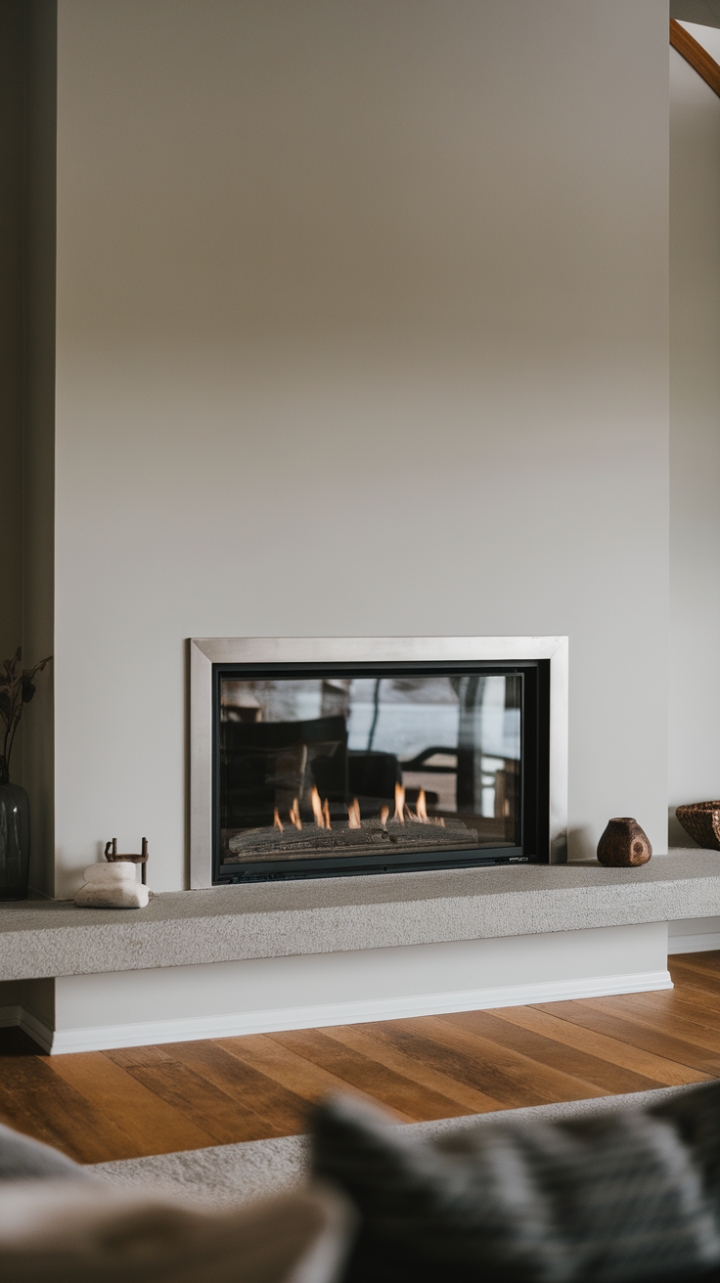 A modern marvel: This minimalist fireplace, framed in sleek metal and showcasing a captivating glass front, is the undeniable focal point of this sophisticated living room. The interplay of textures-stone, wood, and the cool gleam of the glass-creates a haven of understated elegance.