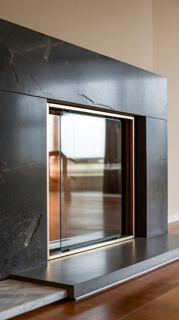 Modernity redefined. This minimalist fireplace is a masterpiece of clean lines and luxurious materials. The expansive glass panel offers a captivating glimpse of the dancing flames, while the dark grey stone exudes understated sophistication against the warm wood flooring and neutral wall. A true statement piece for the discerning homeowner.