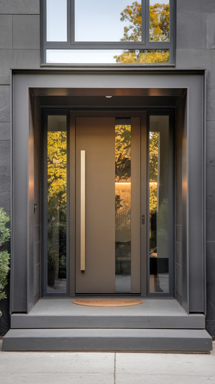 This striking front door serves as a stunning focal point in a chic urban setting, showcasing a sleek, minimalist design that perfectly complements the modern architectural style of the home. The innovative door style, framed by a contemporary porch, invites intrigue and sophistication, while the clean lines and bold geometry harmonize beautifully with the surrounding environment, creating an inviting yet stylish entryway that reflects the essence of modern living.