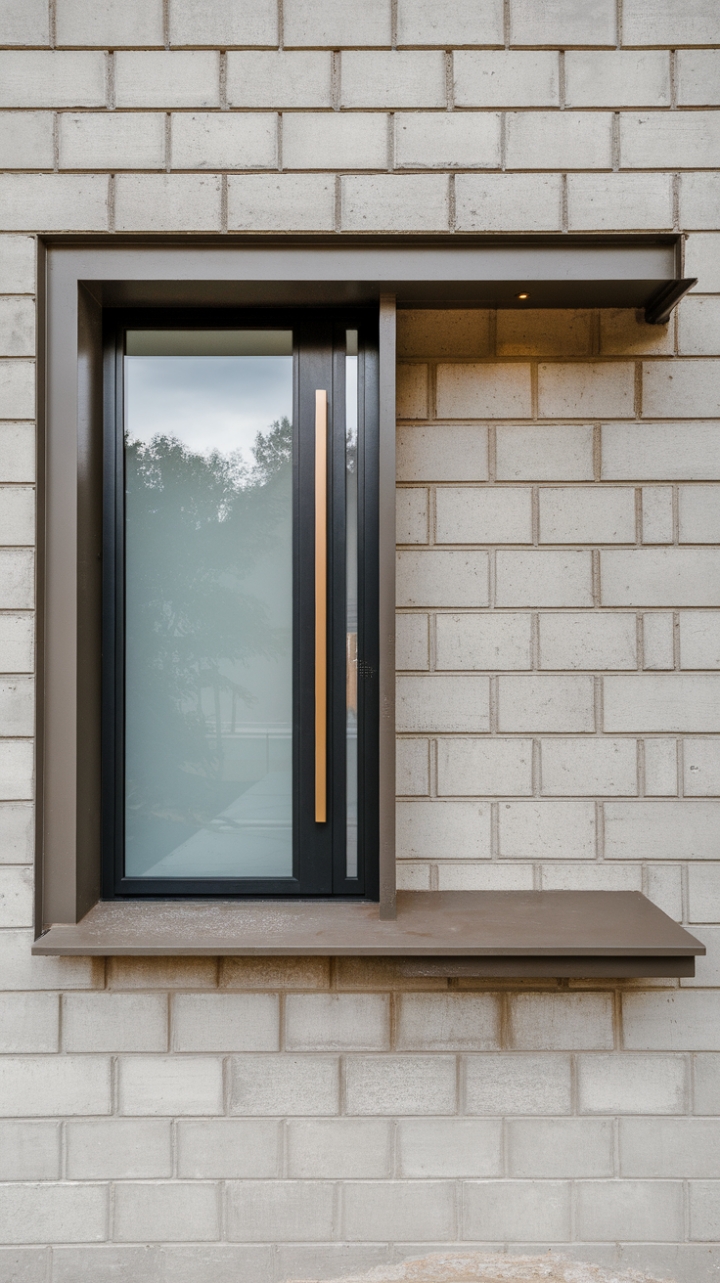 This striking modern home facade showcases a harmonious blend of urban sophistication and minimalist design. The sleek contemporary front door, framed in bold black and featuring a stylish glass panel, serves as a stunning focal point against the textured concrete block wall. Complemented by a thoughtfully designed minimalist porch, the entrance exudes an innovative charm that invites admiration and sets the tone for the chic interior beyond.