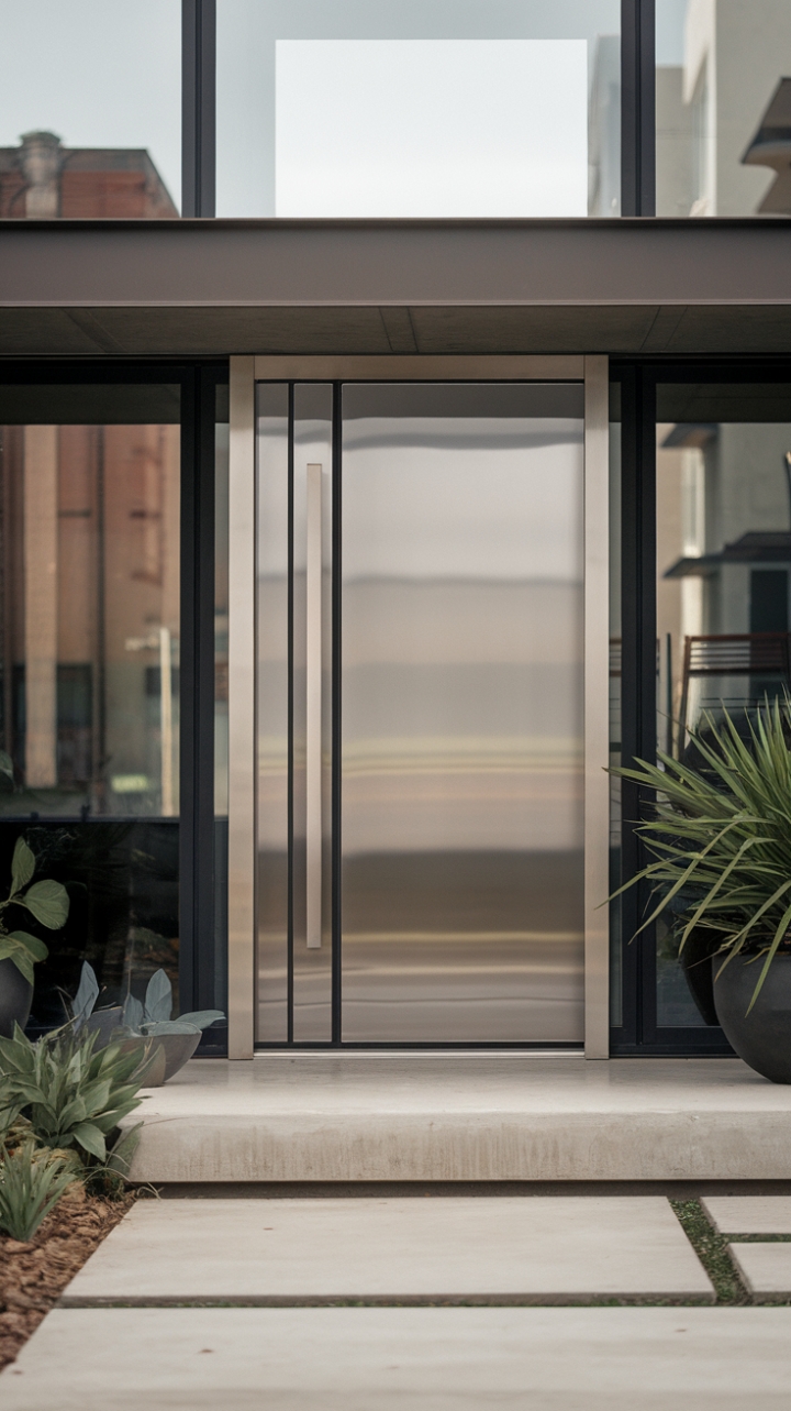 This striking modern home showcases a sleek glass and steel front door that embodies the essence of minimalist design, featuring a streamlined silhouette and a subtle door handle that complements its contemporary aesthetic. The entrance is framed by a chic porch with polished concrete flooring, adorned with carefully selected potted plants that add a touch of greenery to the urban backdrop. The overall composition highlights clean lines and simple shapes, creating a harmonious blend of sophistication and simplicity that invites admiration from all who pass by.