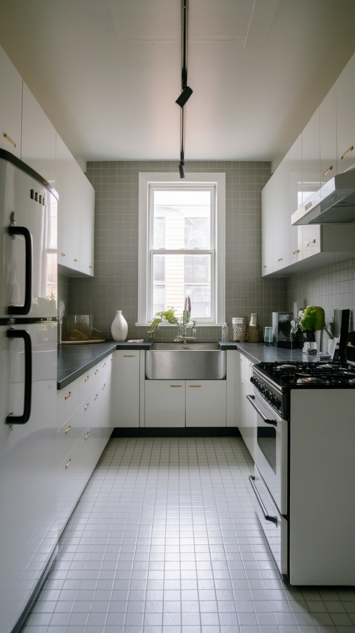 This stunning contemporary kitchen embodies the essence of modern minimalism, where sleek lines and a harmonious color palette create an inviting atmosphere. The crisp white cabinetry pairs beautifully with the sophisticated grey backsplash, while the black countertop adds a touch of bold elegance. A stainless steel sink sits beneath a window, allowing natural light to dance across the space, complemented by a chic white vase that brings a hint of freshness. The black stove and white oven seamlessly blend functionality with style, while the white refrigerator with a contrasting black handle enhances the kitchen's urban appeal. Accents like a vibrant green plant and a carefully chosen decorative item add personality, making this open-concept kitchen not just a culinary haven, but a true reflection of modern living.