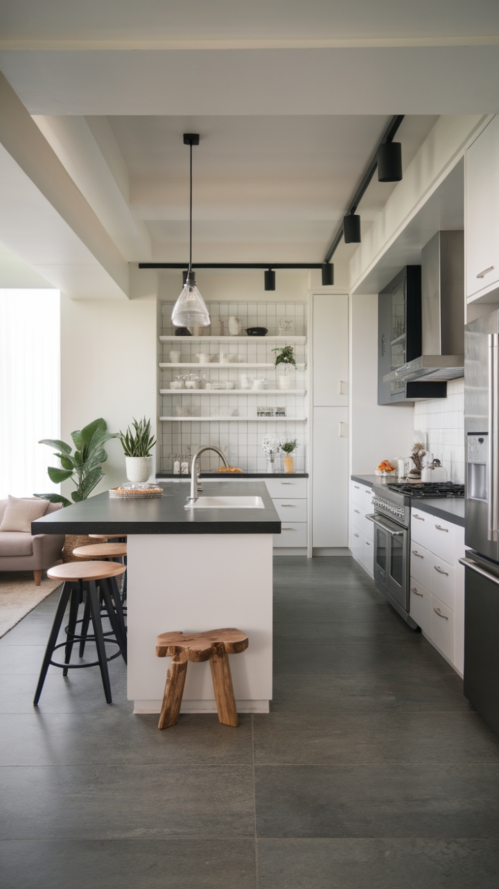 Modern minimalism meets luxurious practicality in this stunning kitchen. Sleek white cabinets and a dramatic black island anchor the space, while grey tile flooring and a statement pendant light add subtle sophistication. The open layout effortlessly connects the kitchen to the adjacent living area, creating a bright and airy atmosphere perfect for both everyday living and grand gatherings.