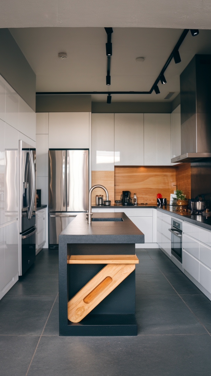 This contemporary kitchen embodies the essence of modern minimalism, showcasing a sleek urban aesthetic that harmonizes functionality with style. The open-concept layout invites seamless flow, while the standout designer island, complete with a built-in cutting board and faucet, serves as both a practical workspace and a striking focal point. Crisp white cabinets contrast beautifully with the rich black stone countertops, creating a sophisticated visual balance, while stainless steel appliances add a touch of contemporary elegance. The grey tiled floor grounds the space, enhancing the kitchen's chic and inviting atmosphere.