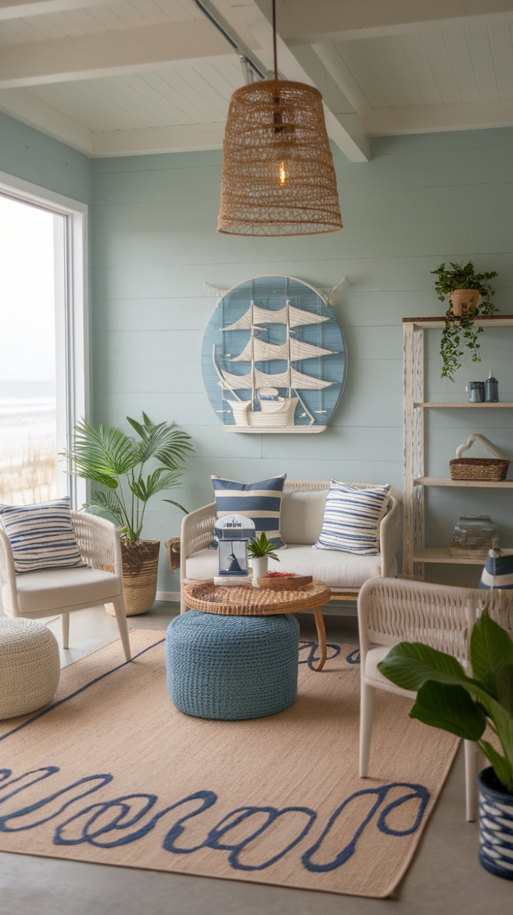Infused with the spirit of the sea, this contemporary coastal living room is a sanctuary of modern elegance and nautical flair. The walls, painted in soothing ocean hues, set a tranquil tone, while breezy furnishings create an inviting atmosphere perfect for unwinding. Eye-catching marine-themed accents, like a ship-inspired lantern and a wave-patterned rug, add a playful touch, harmonizing beautifully with the minimalist decor. A carefully selected arrangement of furniture, including a cozy couch, a chic chair, and a sleek coffee table, offers both style and comfort, while vibrant potted plants bring a refreshing burst of nature into this serene beach house haven.