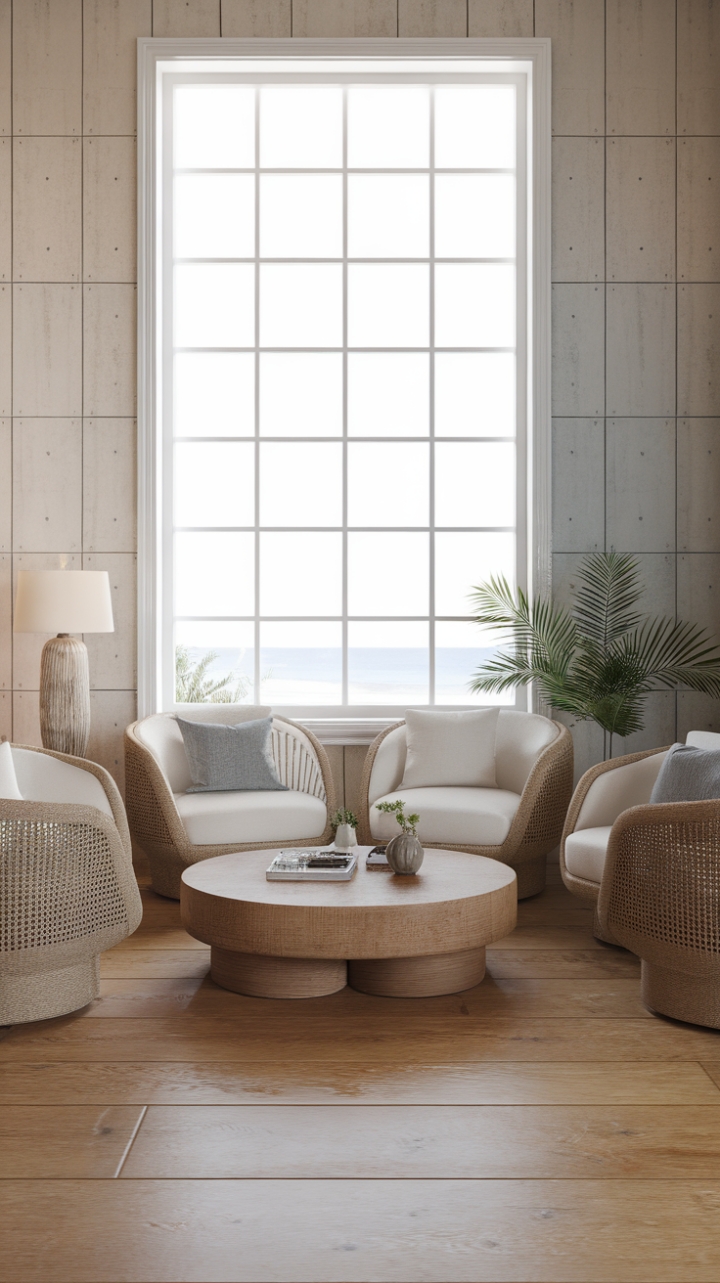 Coastal calm redefined. This airy beach house living room boasts a sophisticated simplicity. A pristine white sofa and woven chairs invite relaxation, centered around a striking circular wooden coffee table. Large windows bathe the room in natural light, showcasing the beautiful wood floors and the understated elegance of the space. Subtle details, like a small plant and a stylish lamp, add personality without disrupting the tranquil ambiance.
