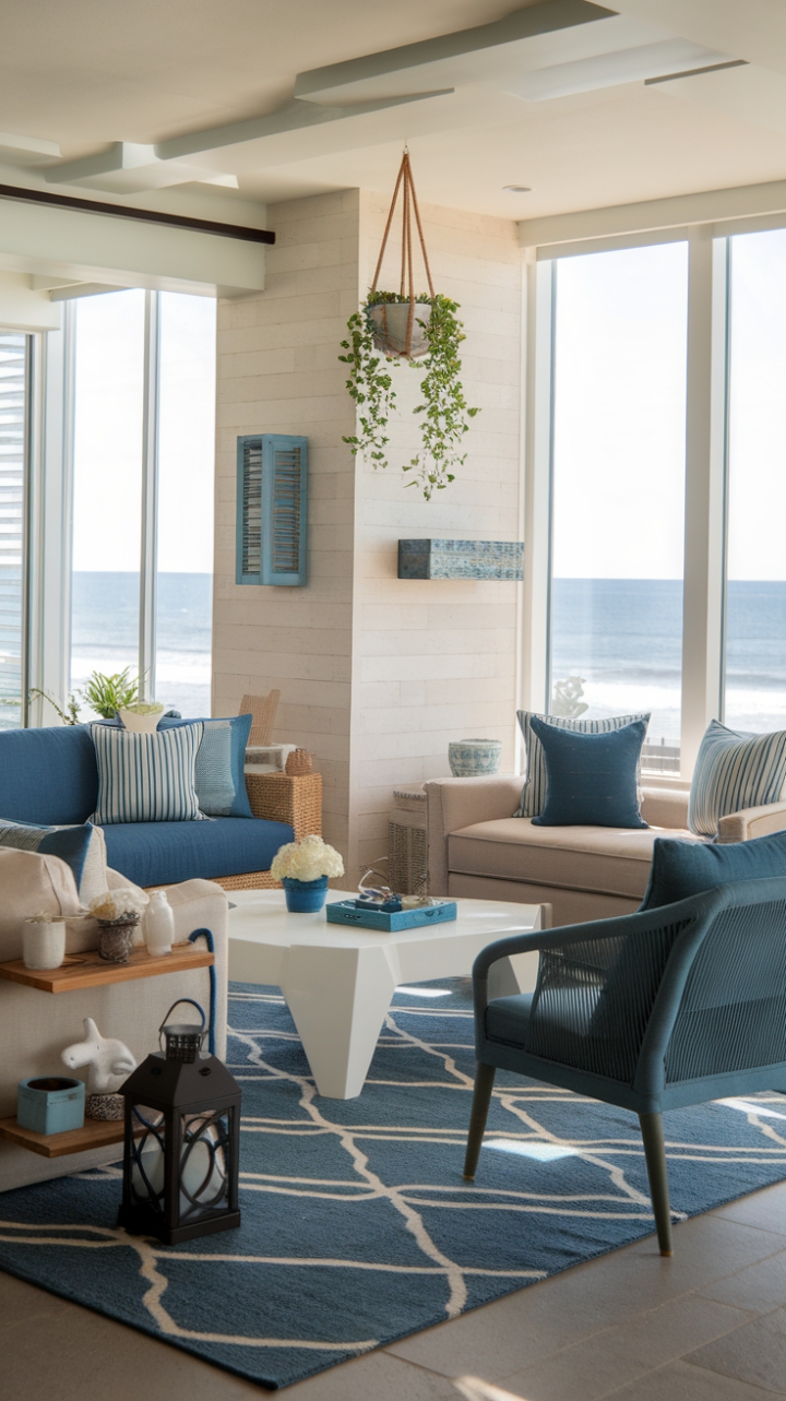 Ocean breezes and coastal chic collide in this serene living room. Neutral tones meet vibrant blues, creating a calming sanctuary where modern design embraces the beauty of the sea. The view is simply breathtaking.