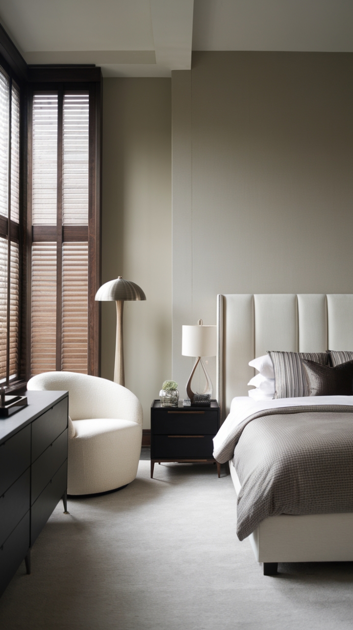 This contemporary bedroom exudes a serene sophistication, where minimalist design meets urban chic. The king-size bed, adorned with a crisp white headboard, serves as the focal point against the soft light gray walls, creating a tranquil retreat. A sleek black dresser complements the space, while a stylish white chair adds a touch of elegance near the bed. The warm glow of a floor lamp casts a cozy ambiance, and the large window dressed with wooden blinds invites natural light, enhancing the room's airy feel.