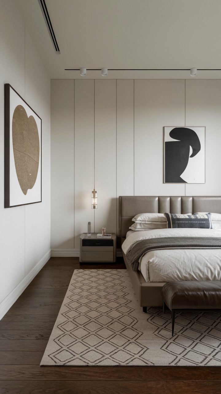 Unwind in this contemporary haven, where sleek lines and a calming palette create a sanctuary of sophisticated urban style. The geometric rug anchors the minimalist bed, while subtle artwork adds personality to the crisp white walls.