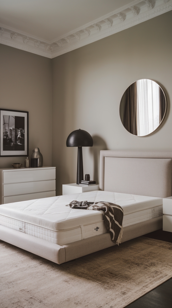 Modern minimalism meets chic urban style in this exquisitely designed bedroom. A calming palette of grays and whites is punctuated by bold black accents and the reflective gleam of a large round mirror, creating a space that’s both serene and strikingly stylish.