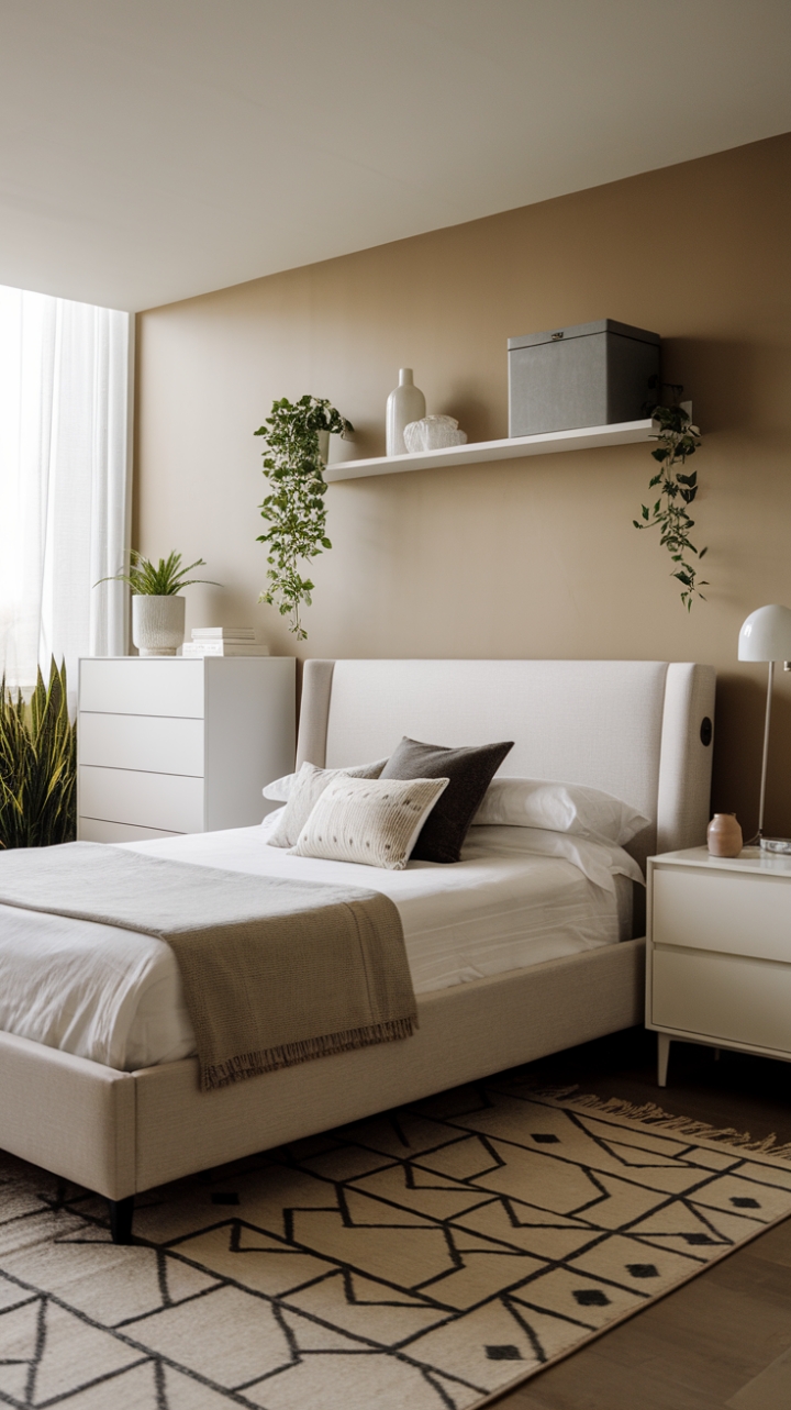 A stunning blend of contemporary design and minimalist charm, this bedroom captures the essence of urban living. The king-size bed, featuring a sleek white headboard and a sophisticated gray frame, anchors the space, while a crisp white dresser and a wall-mounted shelf adorned with a gray box and a stylish white lamp add to the chic ambiance. The soft beige walls create a warm backdrop, enhanced by a geometric-patterned rug that adds a touch of visual interest. With strategically placed plants and an abundance of natural light, this serene sanctuary invites relaxation and inspires a sense of calm in the heart of the city.