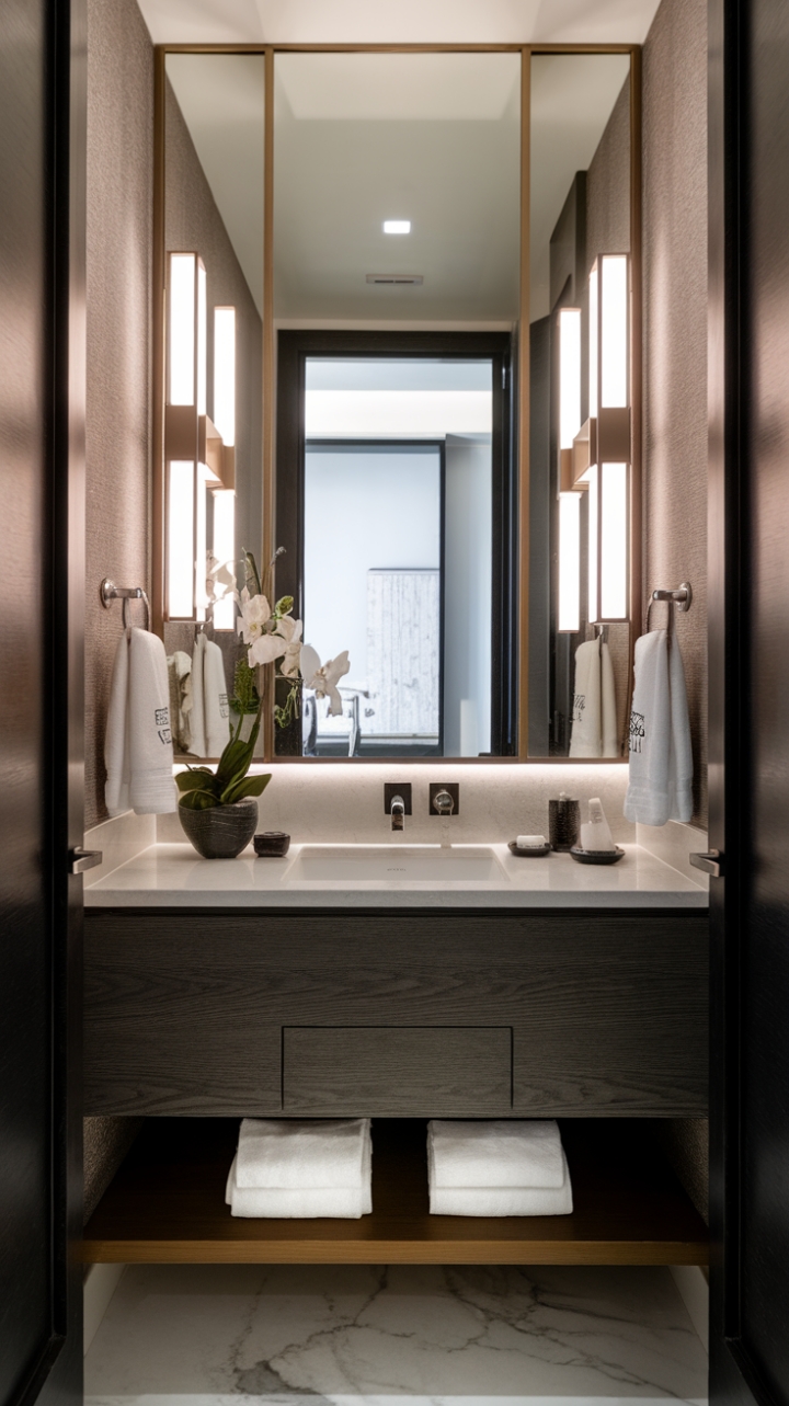 Prepare to be captivated by this contemporary powder room. Its minimalist design and sleek vanity create a haven of understated luxury. The trendy fixtures and chic decor make it the perfect guest retreat, a testament to modern bathroom elegance.
