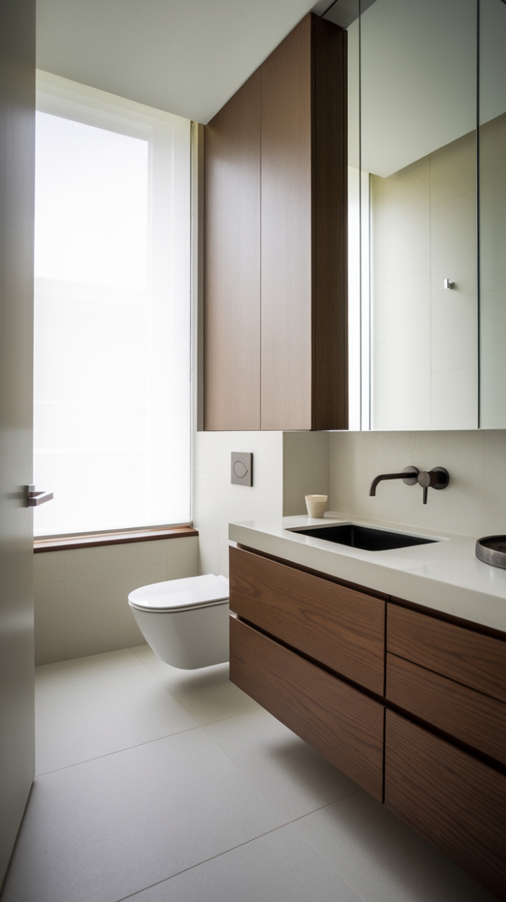 Unveiling a sanctuary of serene sophistication: This minimalist powder room redefines understated elegance. The crisp white tiles, sleek black sink, and wall-mounted fixtures create a haven of calm, perfectly complemented by the soft light filtering through the sheer curtain. A study in contrasts, where modern functionality meets timeless beauty.