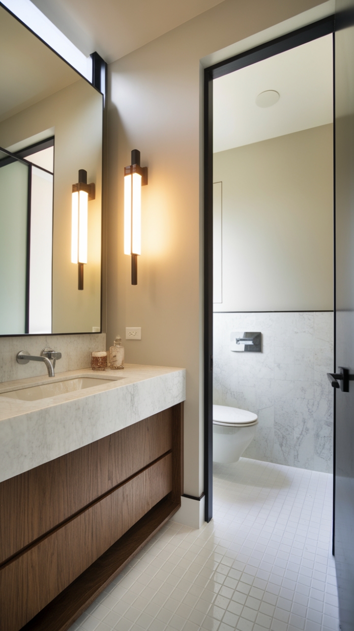 Indulge in the serene sophistication of this minimalist powder room. Clean lines, a calming palette, and luxurious marble create a sanctuary of understated elegance. The perfect blend of form and function for the modern homeowner.