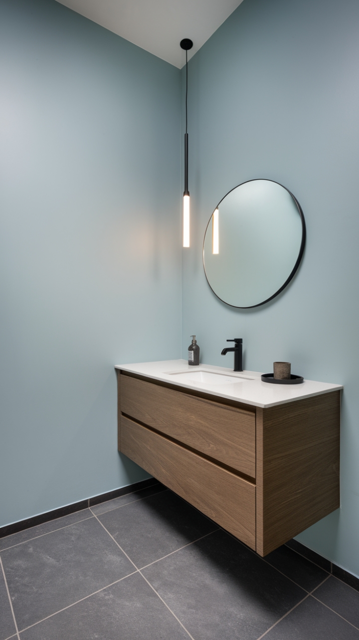 Subtle sophistication reigns in this contemporary powder room. The soft blue walls create a tranquil atmosphere, beautifully complemented by the modern vanity, round mirror, and minimalist lighting. A study in understated elegance.
