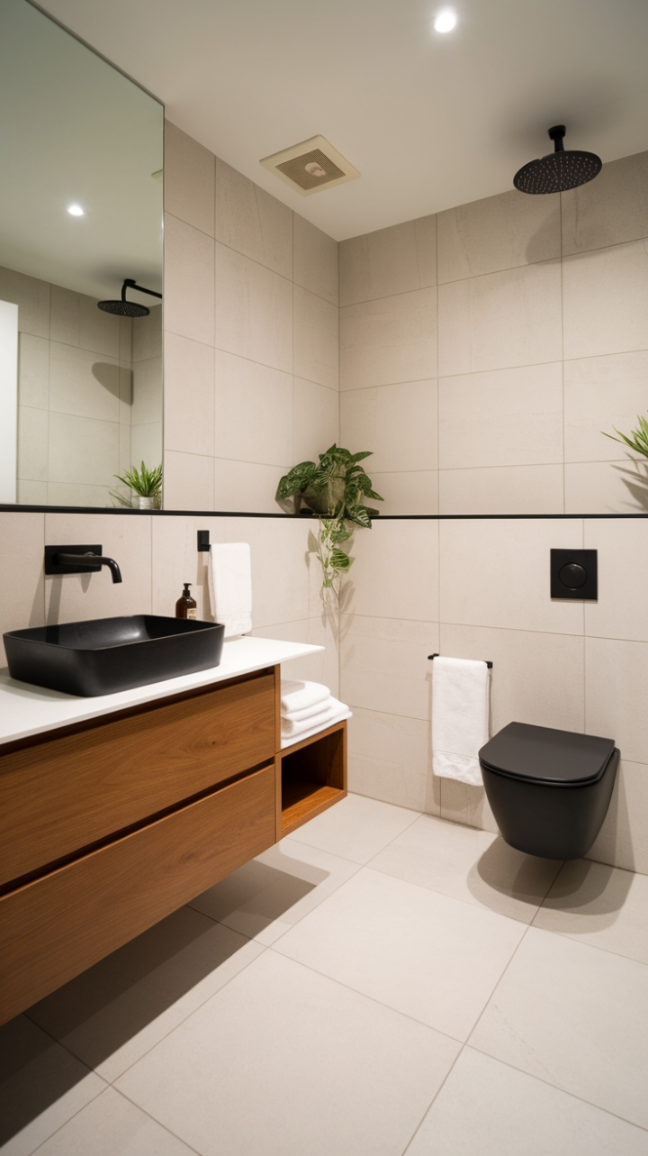 Indulge in the serenity of this minimalist bathroom haven. Clean lines, a striking black-and-white palette, and a rainfall shower create a spa-like retreat. The subtle addition of greenery softens the modern aesthetic, resulting in a space that's both sophisticated and calming.