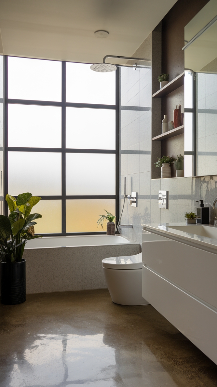 Bathed in natural light filtering through frosted glass, this contemporary bathroom is a study in understated elegance. Sleek white fixtures, a rainfall shower, and thoughtfully placed greenery transform this space into a personal oasis, a haven of calm amidst the everyday.