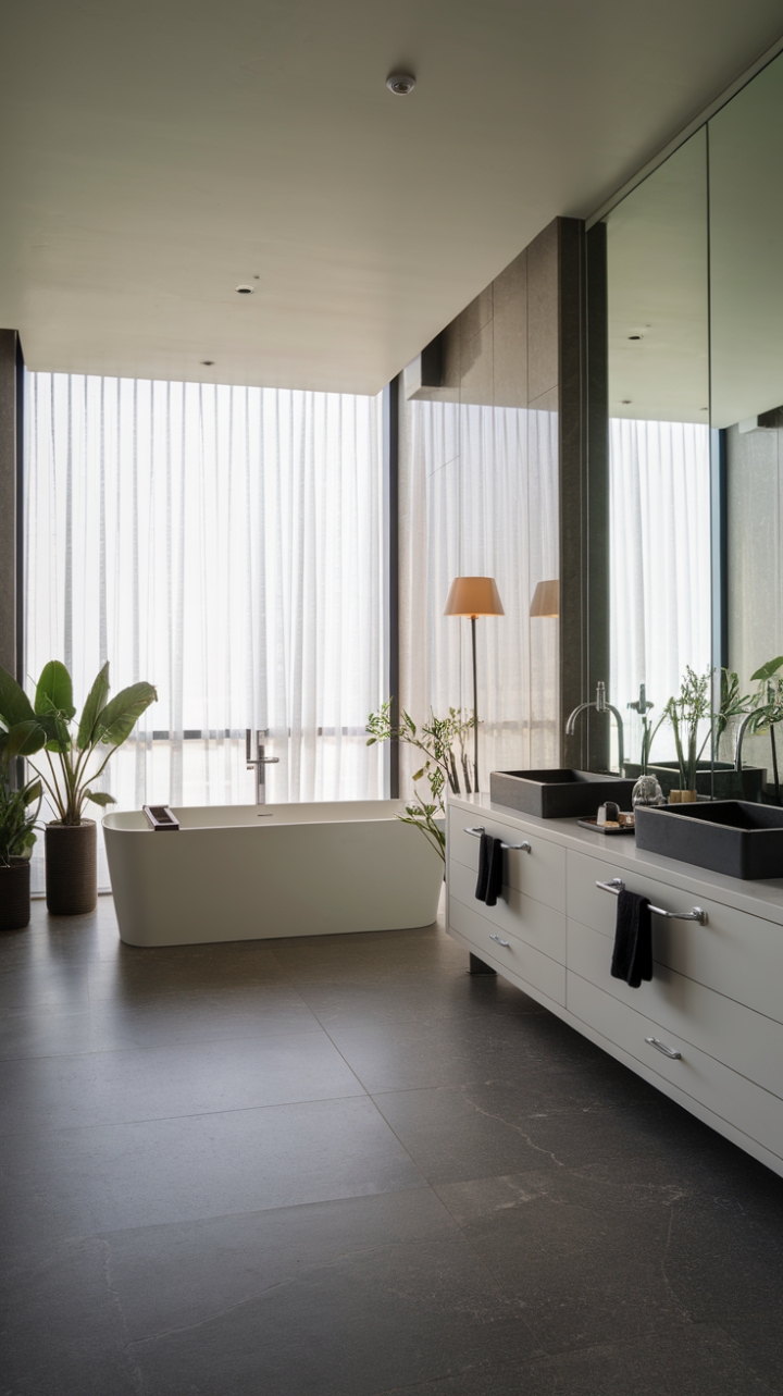 Pure, modern luxury. A spacious bathroom unfolds, showcasing a pristine white palette, punctuated by a dramatic black double vanity. The large window, dressed with a sheer curtain, invites natural light to dance across the grey tiled floor, while carefully chosen plants add a touch of organic warmth.