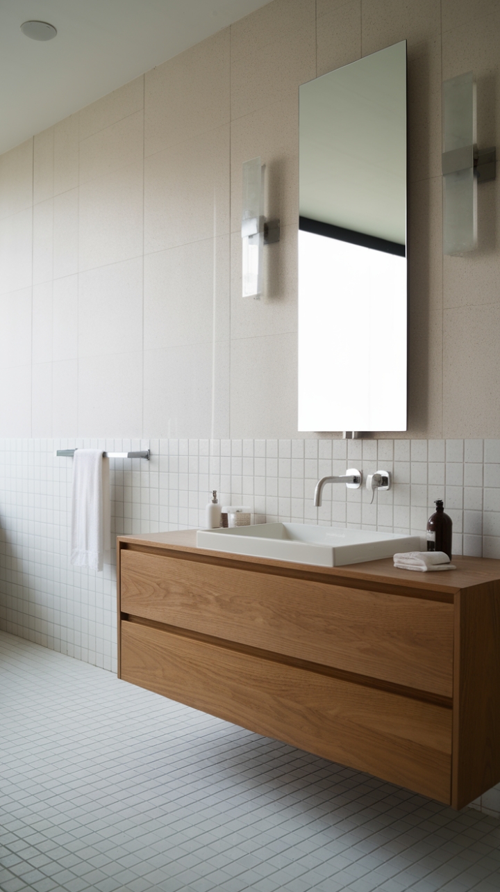 Uncluttered elegance defines this minimalist bathroom haven. Warm wood tones of the vanity contrast beautifully with the crisp white tiles, creating a sanctuary of calm and sophistication. The integrated design maximizes space and functionality, while the subtle wall detailing adds a touch of architectural interest.
