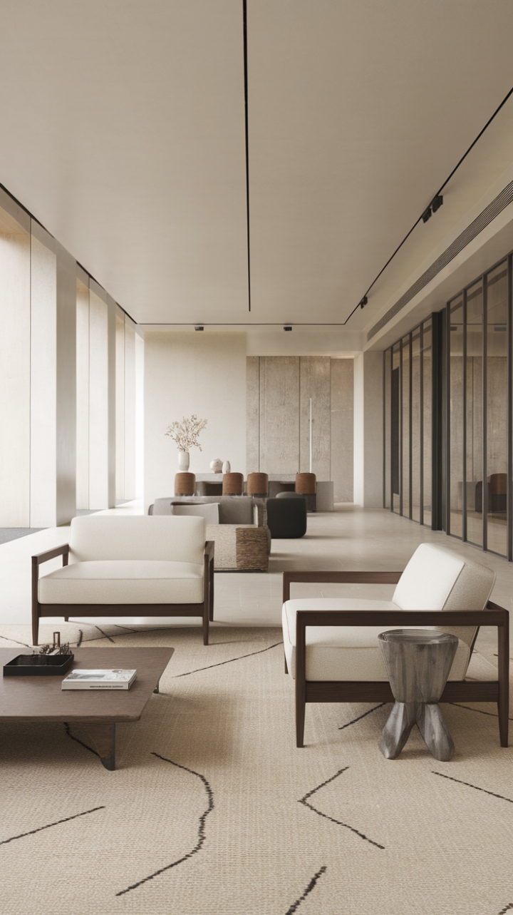 This contemporary minimalist living room embodies the essence of modern design with its sleek, uncluttered aesthetic. The harmonious blend of wood furniture, characterized by clean lines, complements the neutral color palette of white, beige, and black, creating a serene atmosphere. Large windows invite an abundance of natural light, enhancing the spaciousness and warmth of the room. Subtle textures, showcased through a patterned rug and thoughtfully chosen decorative items, add depth and interest, making this space a perfect retreat for relaxation and inspiration.