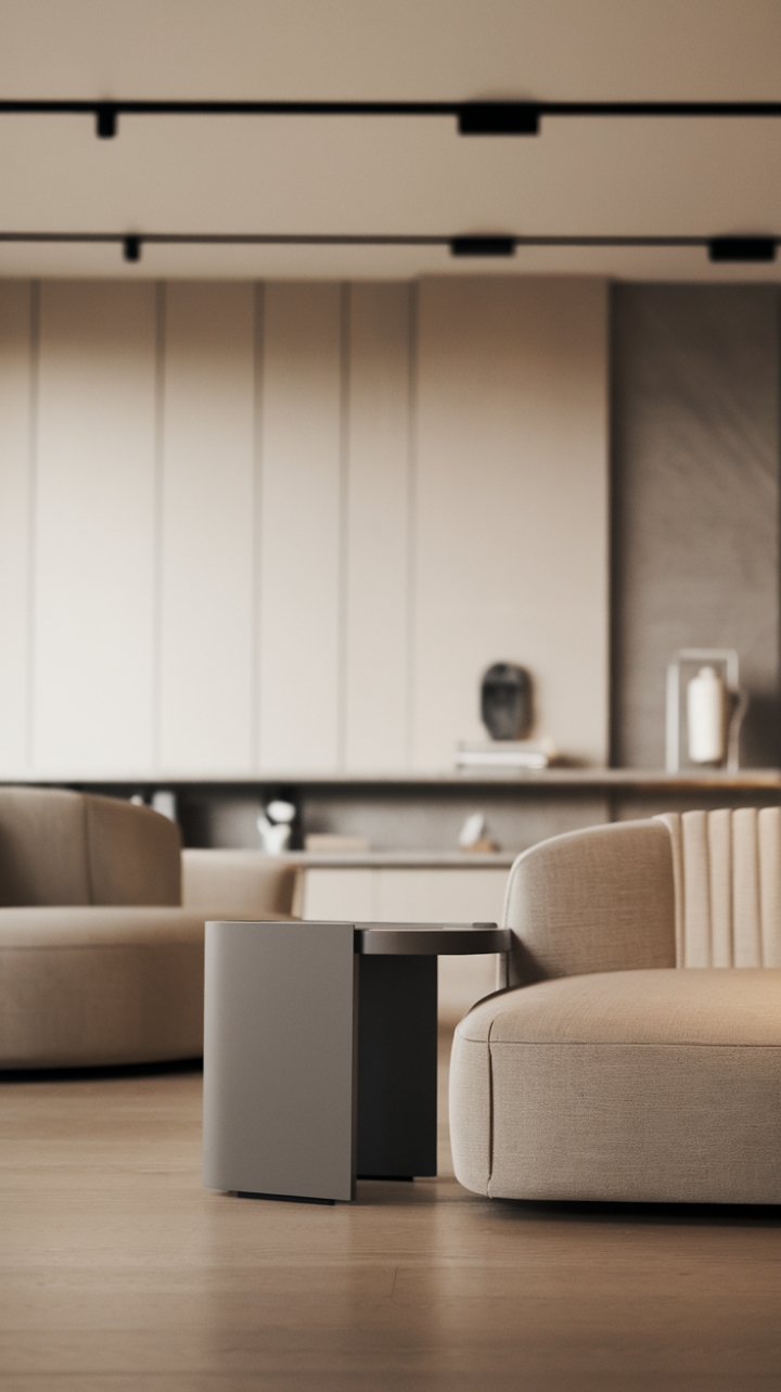 This contemporary minimalist living room exudes a serene sophistication, where every element is thoughtfully curated to create a harmonious retreat. The neutral color palette of soft beiges, cool grays, and crisp whites enhances the open space, allowing natural light to dance across the sleek lines of the furniture. A plush beige sofa invites relaxation, while the understated gray side table adds a touch of modern elegance. With its uncluttered aesthetic and subtle textures, including the warm wood floor, this room embodies a tranquil simplicity that feels both inviting and refined.