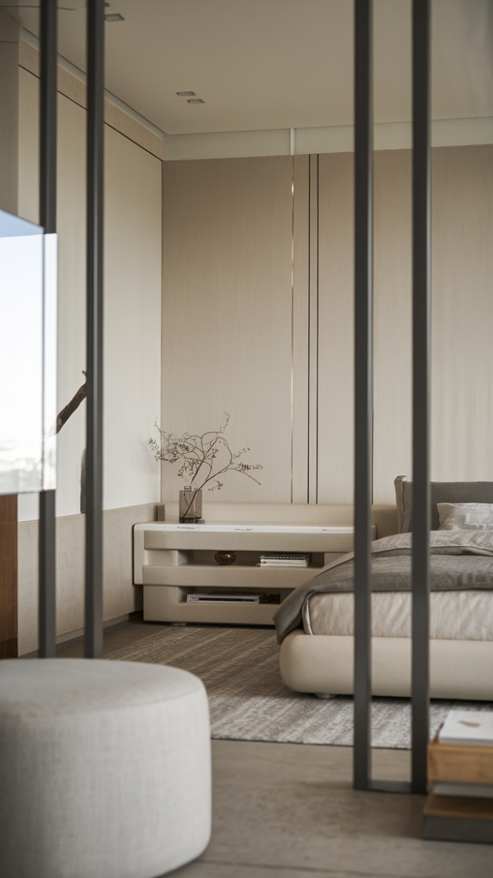Find your focus in this contemporary bedroom, where less is truly more. Subtle textures and a muted color scheme foster a sense of tranquility, making it the ideal space for rest and rejuvenation. The minimalist aesthetic is both chic and incredibly inviting.