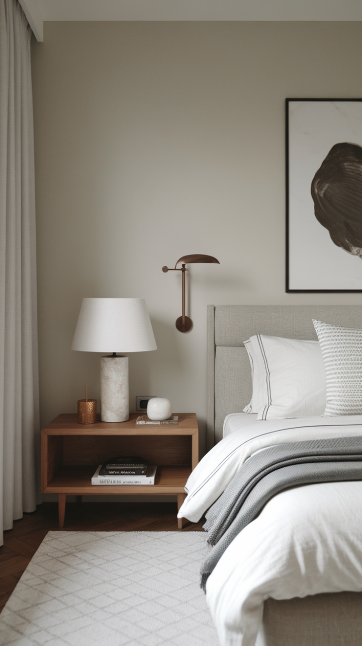 Embracing the essence of modern design, this minimalist bedroom invites relaxation with its soothing neutral tones and uncluttered aesthetic. The pristine bed, dressed in white linens and framed by a contemporary grey headboard, creates a serene focal point, while a wooden nightstand adds warmth, topped with a chic lamp and a favorite read. The soft white rug enhances the cozy atmosphere, and the light grey walls provide a perfect backdrop for the few curated decorative accents, making this space a true sanctuary of calm and style.
