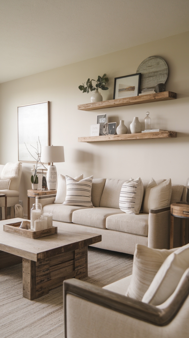 This contemporary farmhouse living room exudes a warm and inviting charm, where rustic modern decor harmonizes beautifully with a soothing neutral palette of beige, white, and natural wood tones. The centerpiece is a distressed wood coffee table that adds character, complemented by a plush beige sofa adorned with subtle wood accents, creating a cozy yet stylish seating area. A reclaimed wood wall shelf showcases carefully curated decorative items, enhancing the minimalist design that emphasizes simplicity and elegance. Each element in this space reflects a thoughtful balance between comfort and sophistication, making it the perfect retreat for relaxation and gatherings.