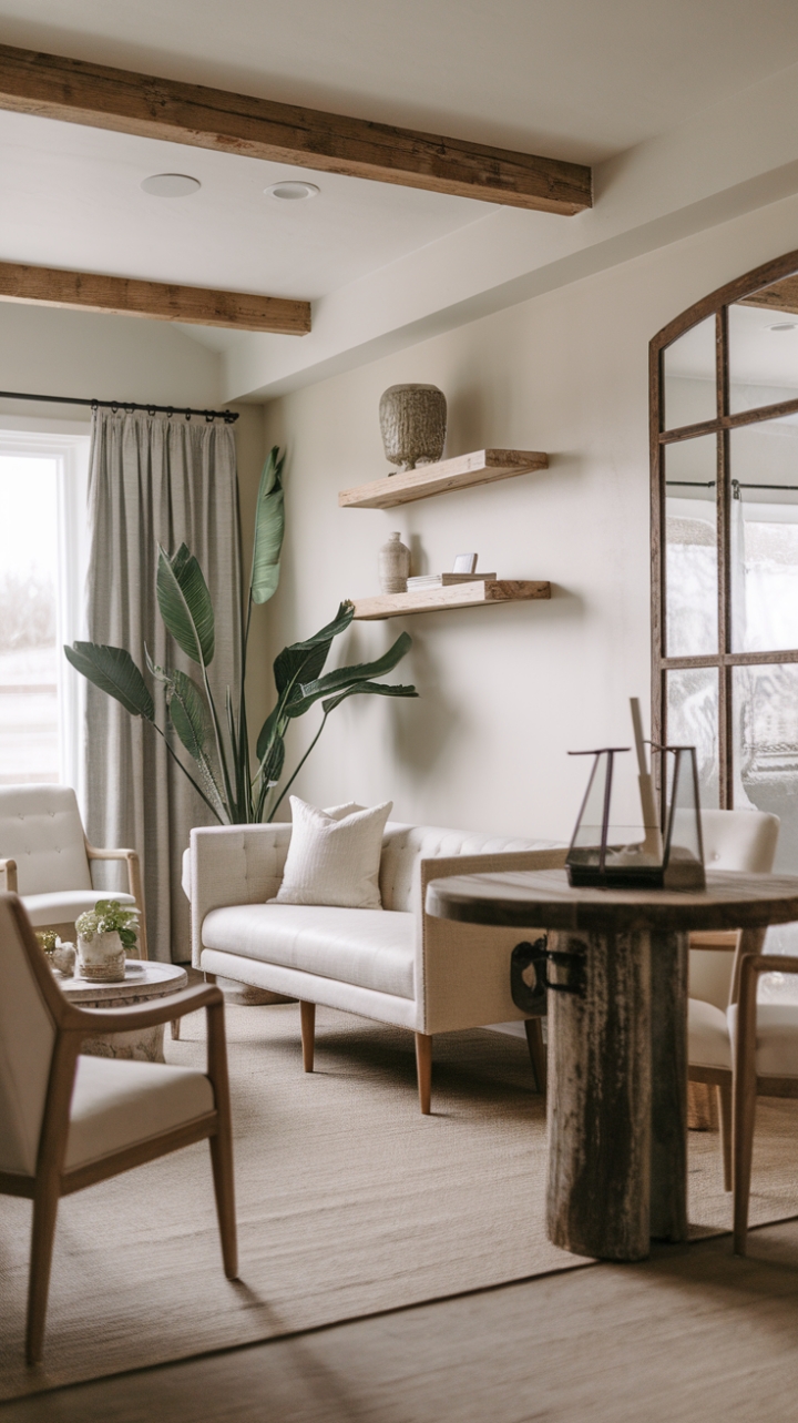 In this contemporary farmhouse living room, rustic modern decor harmonizes with minimalist design to create a serene oasis. The inviting beige sofa and chairs, paired with a reclaimed wood round table, set the stage for relaxation, while a large potted plant brings a refreshing touch of nature indoors. Vintage accents, like the wooden shelf and rustic mirror, add character to the neutral walls, creating a warm atmosphere. The soft beige rug underfoot completes the look, making this space a perfect blend of comfort and style that invites you to unwind and enjoy the simple pleasures of home.