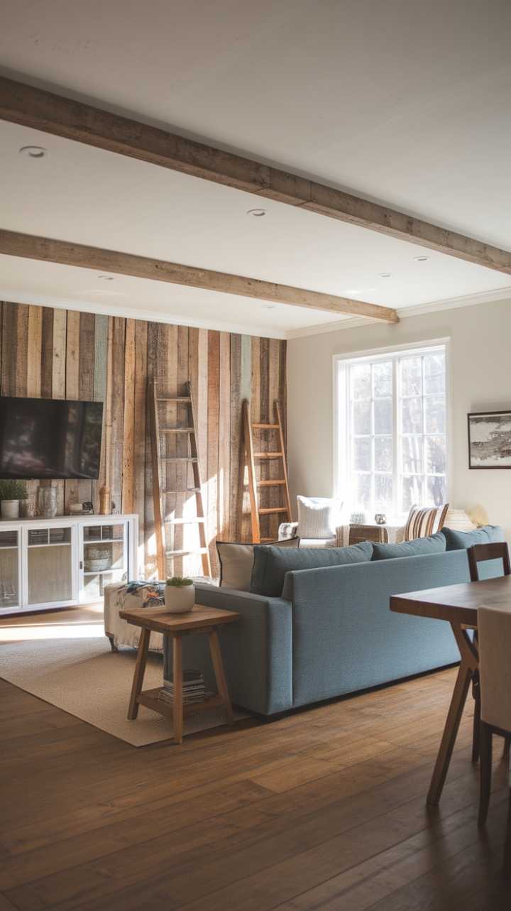 Neutral tones create a calming backdrop for this contemporary farmhouse living room, where a cozy blue sofa invites you to unwind. Reclaimed wood adds texture and character, while carefully curated accents-a rustic wooden ladder, minimalist side table-inject personality without overwhelming the space. Natural light floods the room, highlighting the beauty of the design's thoughtful simplicity.
