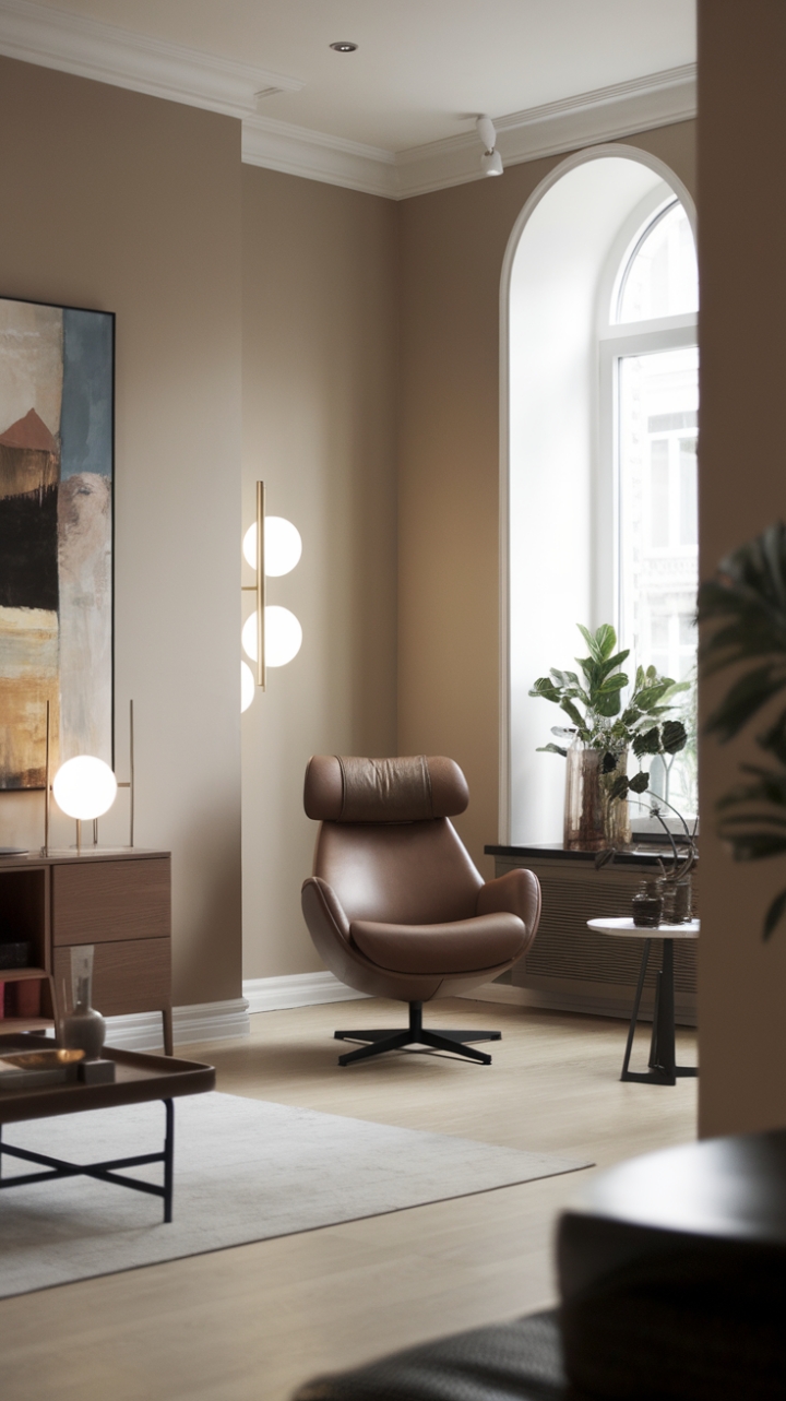 Embracing the essence of modern living, this contemporary living room showcases a harmonious blend of minimalist design and functional elegance. The sleek furniture pieces are thoughtfully arranged, with a chic lounge chair positioned by the window, creating an inviting spot to soak in the sunlight. The soft neutral hues of the walls provide a soothing canvas, complemented by the warmth of the light wood flooring, while a lush plant near the window adds a refreshing touch of nature, making this space a perfect retreat for relaxation and inspiration.