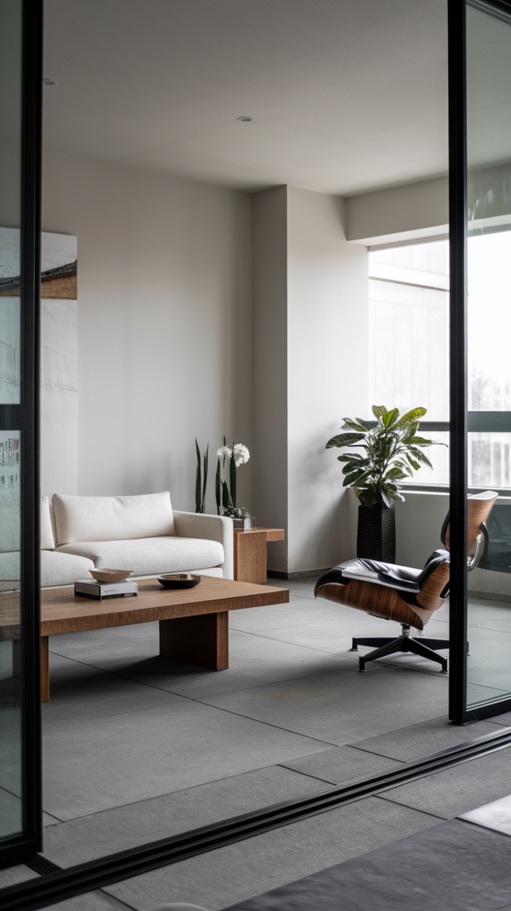 Unveiling a sanctuary of sophisticated simplicity: This contemporary living room, bathed in natural light, showcases sleek white furniture, a warm wood coffee table, and a statement lounge chair, all set against a backdrop of cool gray tiles and crisp white walls. A touch of greenery adds a vibrant contrast to the minimalist aesthetic.