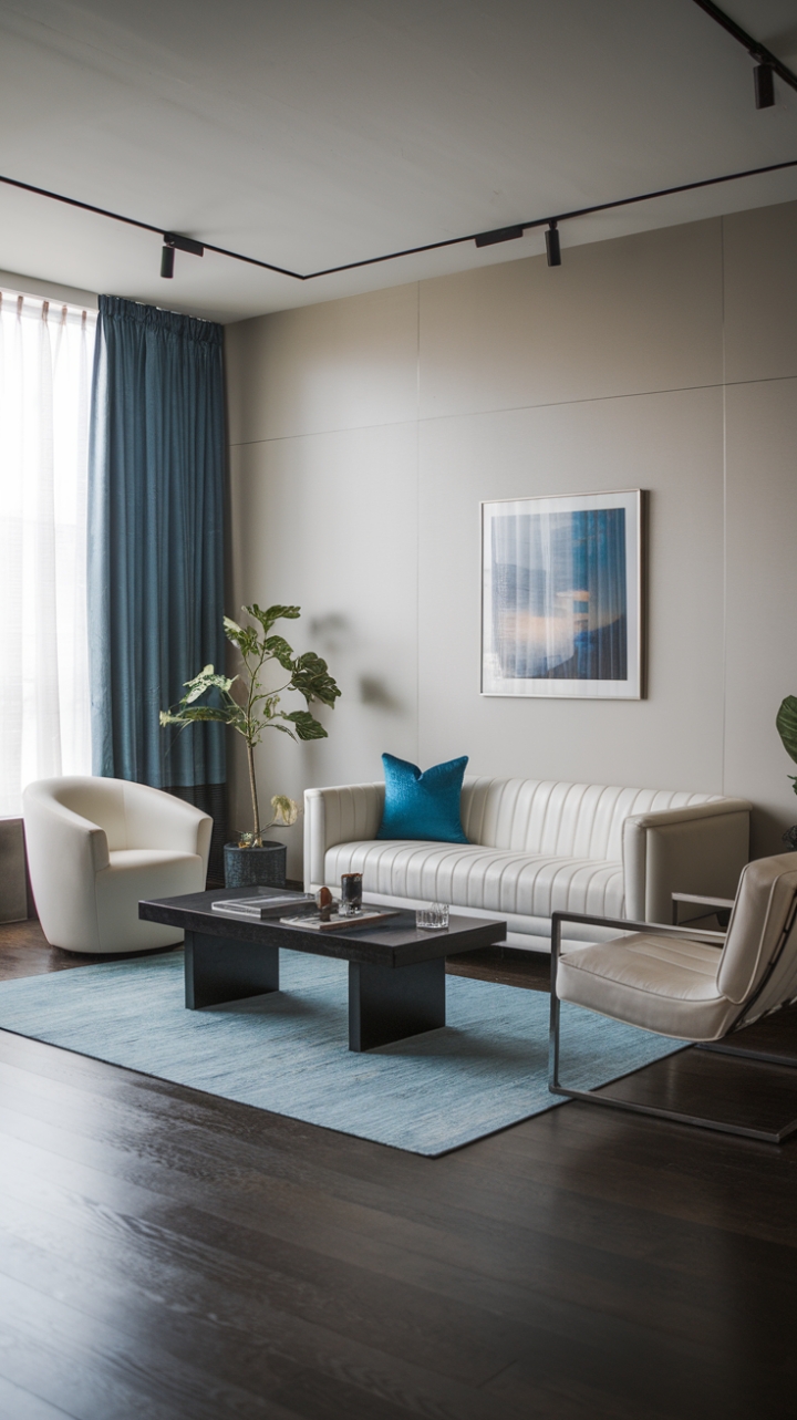 Cool grey walls and dark wood floors provide a sophisticated backdrop for this minimalist living room's statement pieces: a cloud-like white sofa, a graphic blue rug, and a chic black coffee table. Subtle pops of color and a touch of greenery complete this effortlessly stylish urban oasis.