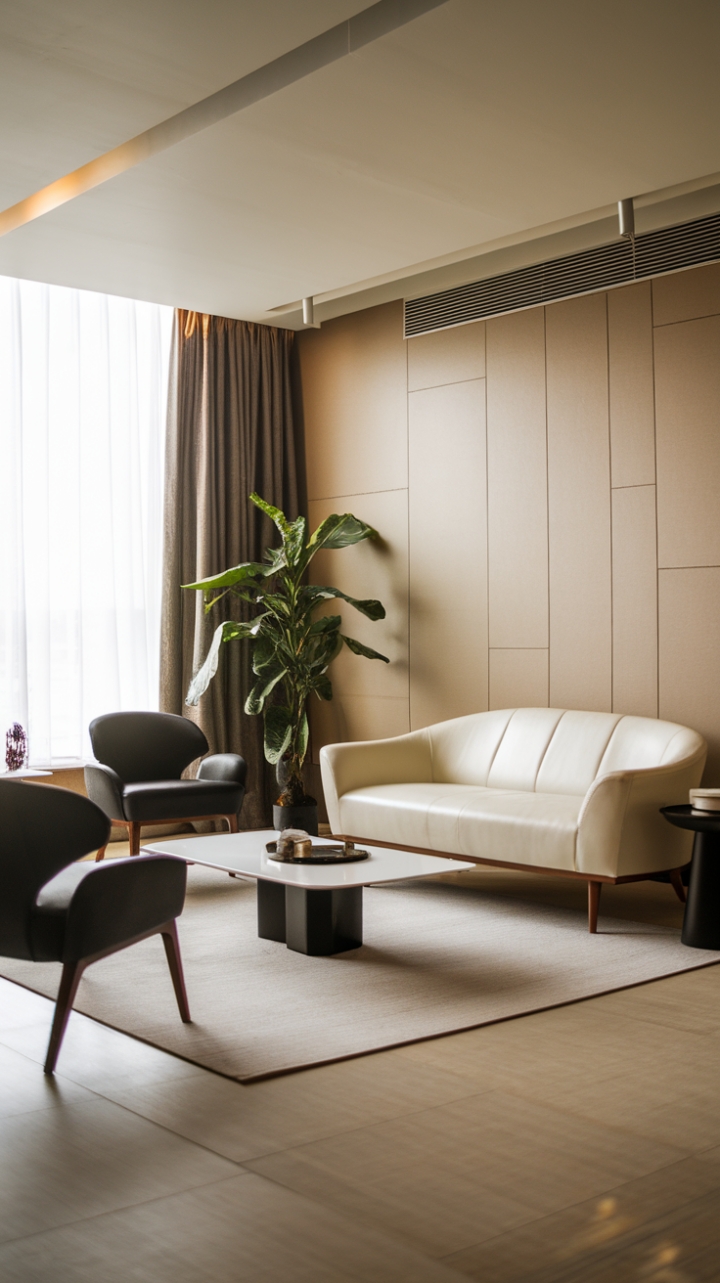 Modern living redefined. This stylish space masterfully blends form and function, showcasing a curated collection of furniture that's both chic and comfortable. The subtle contrast of black and white, warmed by natural wood and a vibrant green plant, creates an inviting and utterly contemporary atmosphere.