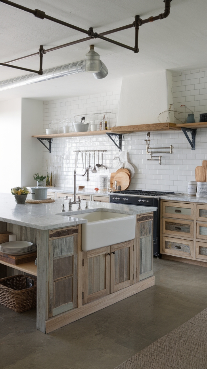 A symphony of textures and styles, this contemporary farmhouse kitchen seamlessly blends rustic warmth with sleek modern lines. Reclaimed wood, marble, and subway tile create a visually stunning backdrop, while industrial details and vintage farmhouse finds add personality and a touch of unexpected whimsy.