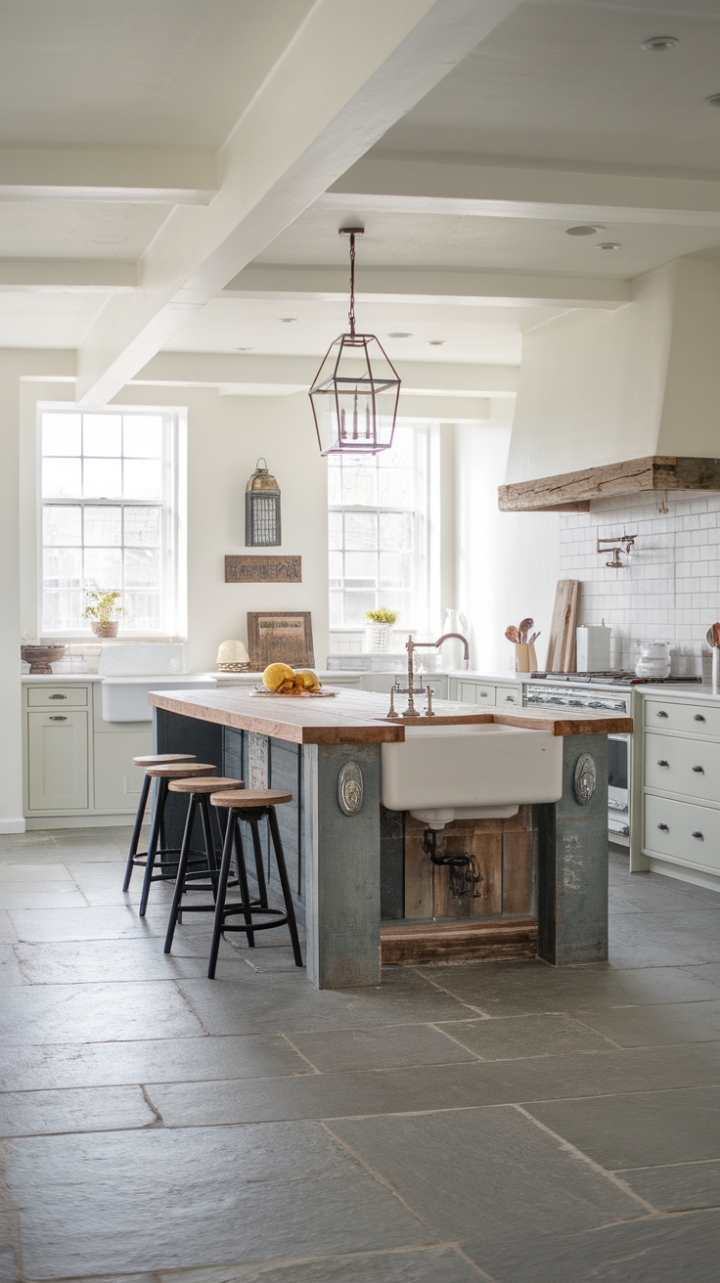 Modern minimalism meets farmhouse functionality in this stunning open-concept kitchen. The large central island, topped with reclaimed wood, is the heart of the home, offering both ample prep space and casual seating. Natural light floods the room, highlighting the clean lines and understated elegance of the design, while carefully chosen vintage pieces add character and soul.